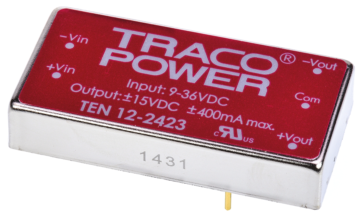 TRACOPOWER TEN 12 DC-DC Converter, ±15V dc/ ±400mA Output, 9 → 36 V dc Input, 12W, +85°C Max Temp -40°C Min Temp