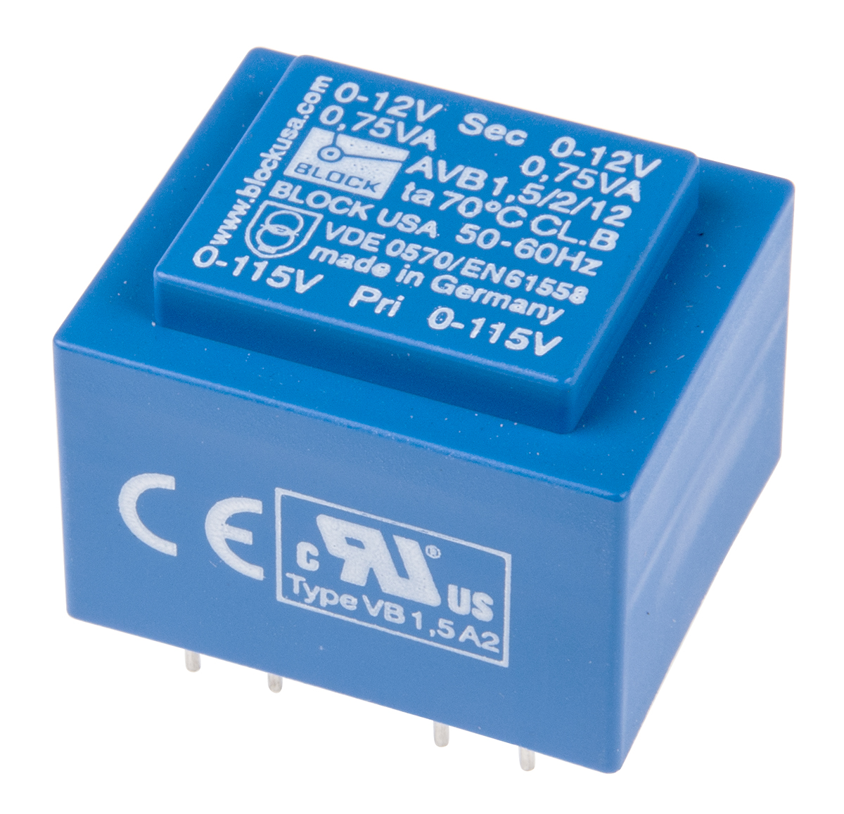 Block 12V ac 2 Output Through Hole PCB Transformer, 1.5VA