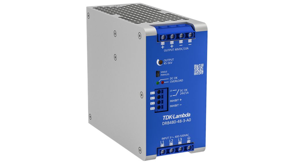 TDK-Lambda DRB DIN Rail Power Supply, 400 → 500V ac Input, 48V dc Output, 20A Output, 480W
