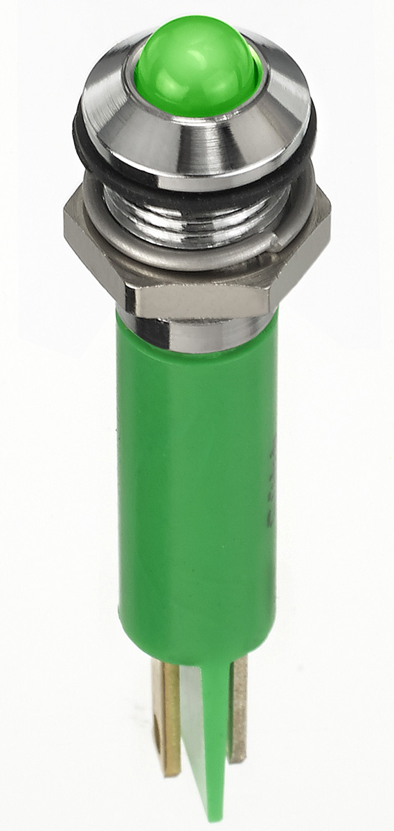 RS PRO Green Panel Mount Indicator, 2V dc, 8mm Mounting Hole Size, Faston, Solder Lug Termination, IP67