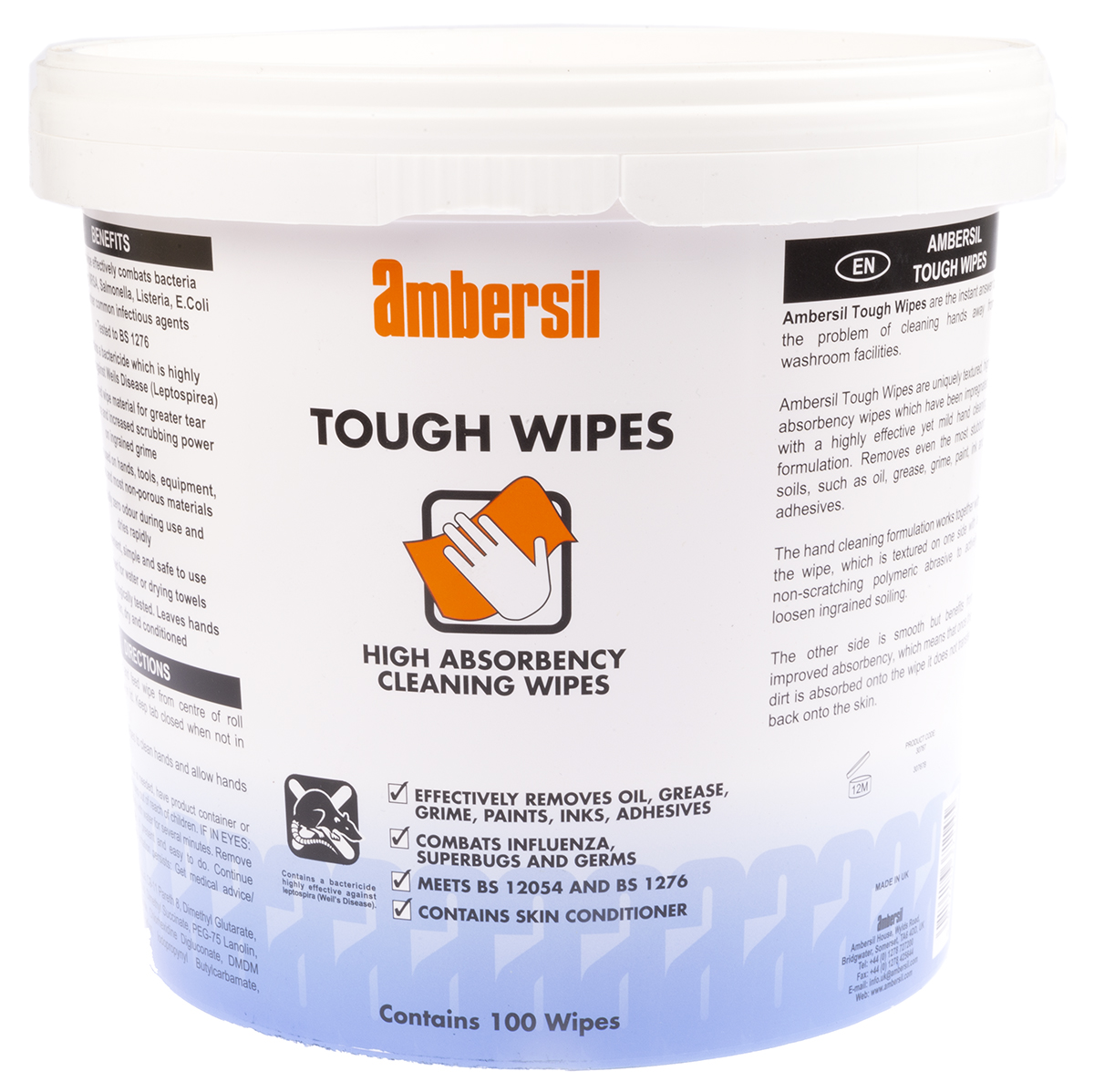 Ambersil TOUGH WIPES Wet Hand Wipes, Bucket of 100, 266 x 280mm