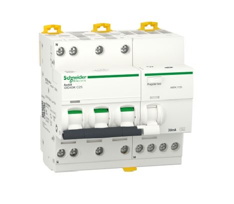 Schneider Electric RCBO, 25A Current Rating, 3P+N Poles, 30mA Trip Sensitivity, Type C, Acti9 Range
