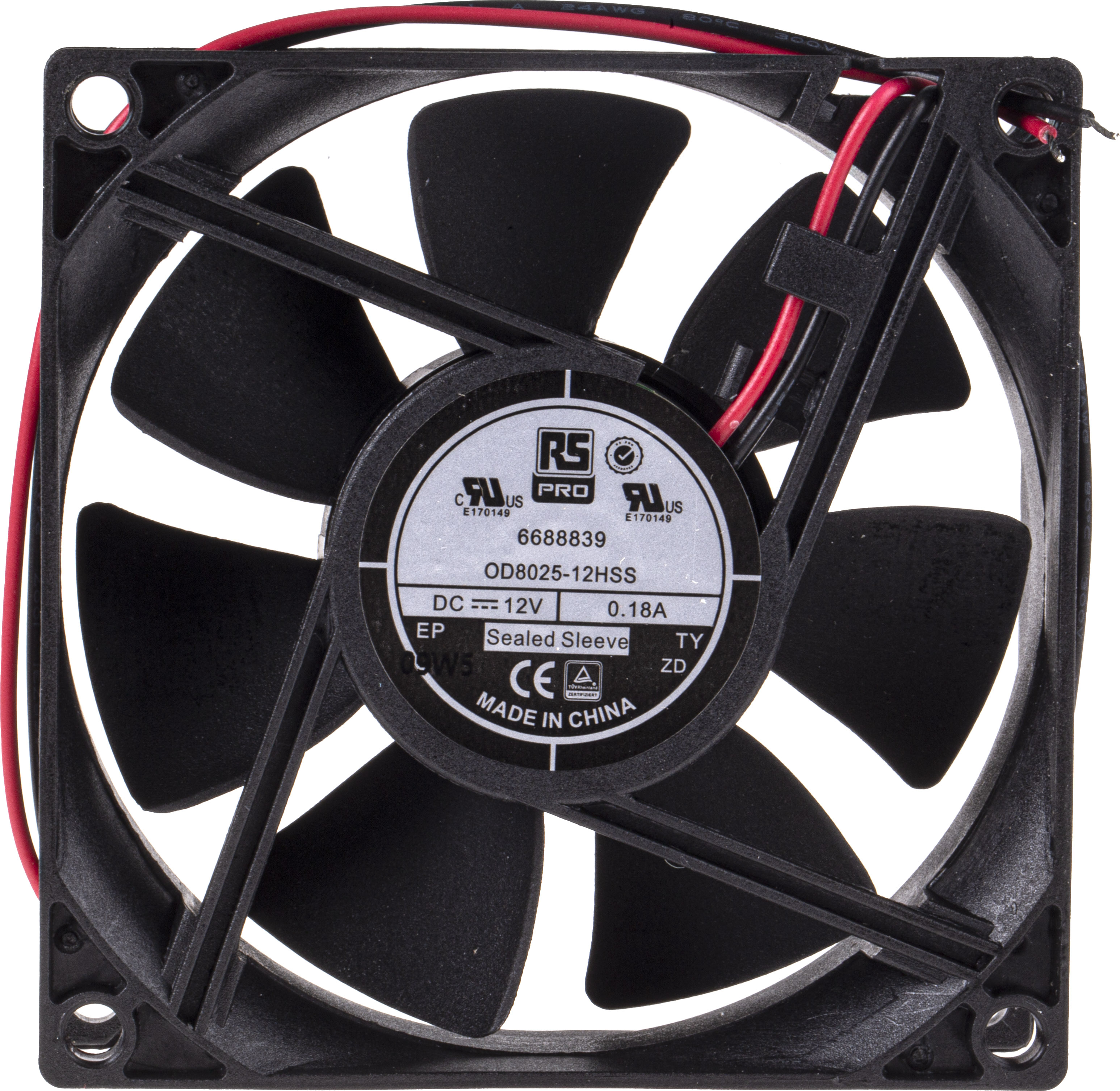 RS PRO Axial Fan, 12 V dc, DC Operation, 68m³/h, 2.9W, 250mA Max, 80 x 80 x 25mm