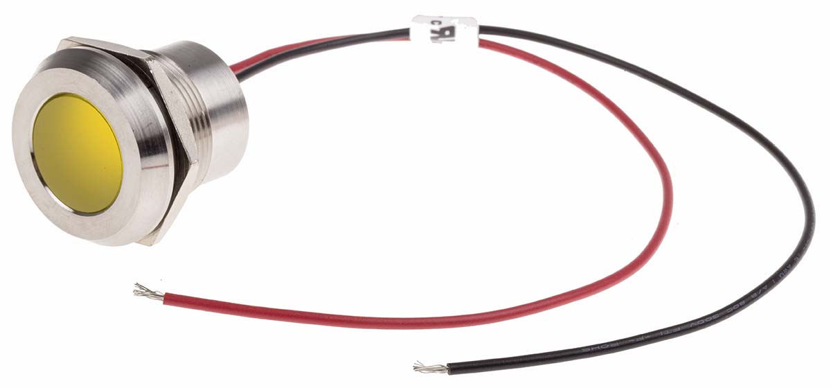 RS PRO Yellow Panel Mount Indicator, 220V ac, 22mm Mounting Hole Size, Lead Wires Termination, IP67