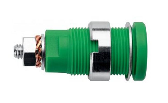 Schutzinger Green, Yellow Male Banana Socket, M4 Thread Termination, 32A, 1kV, Nickel Plating