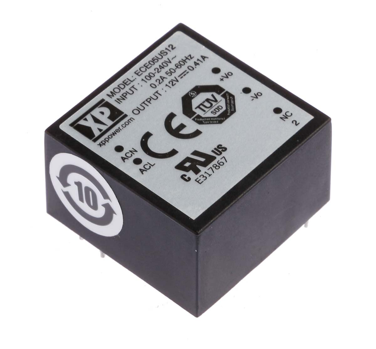 XP Power Switching Power Supply, ECE05US12, 12V dc, 410mA, 5W, 1 Output, 120 → 370 V dc, 85 → 264 V ac