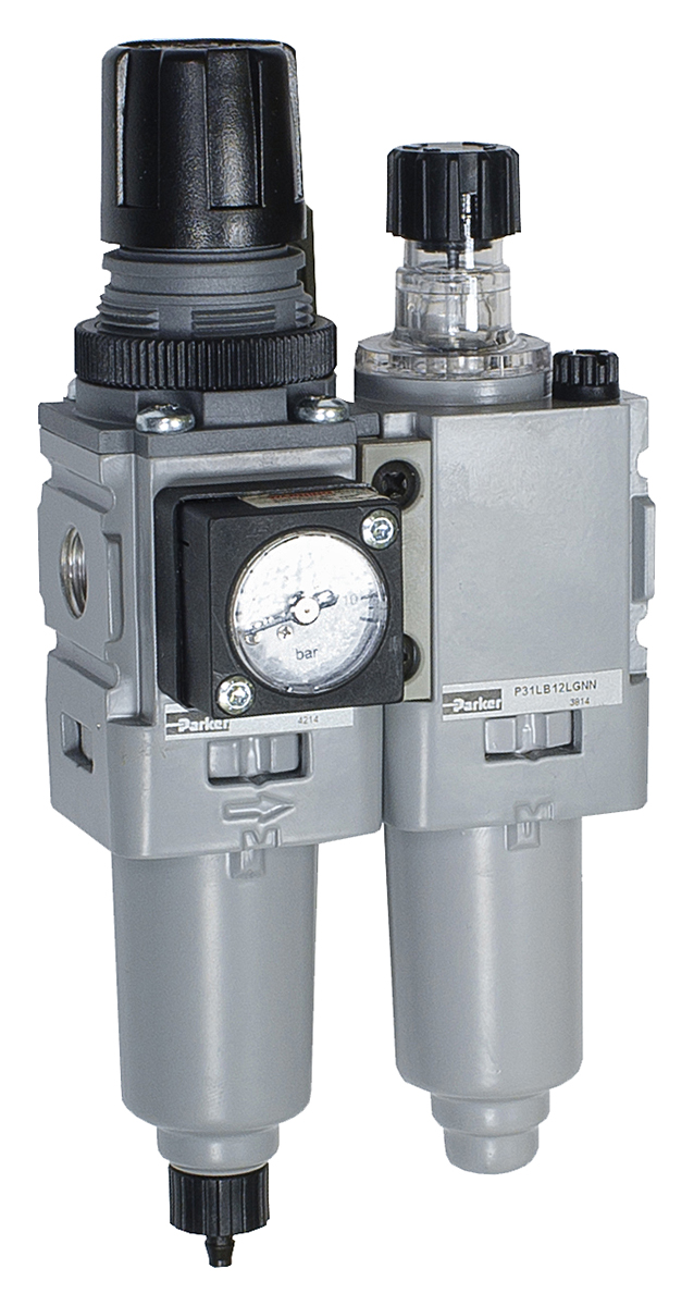 Parker G 1/4 FRL, Manual Drain, 5μ Filtration Size - With Pressure Gauge