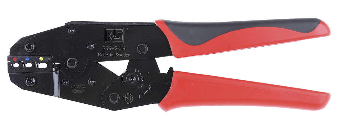 RS PRO Hand Ratcheting Crimp Tool for Insulated DIN terminals red, blue, yellow, 0.75 → 6mm² Wire