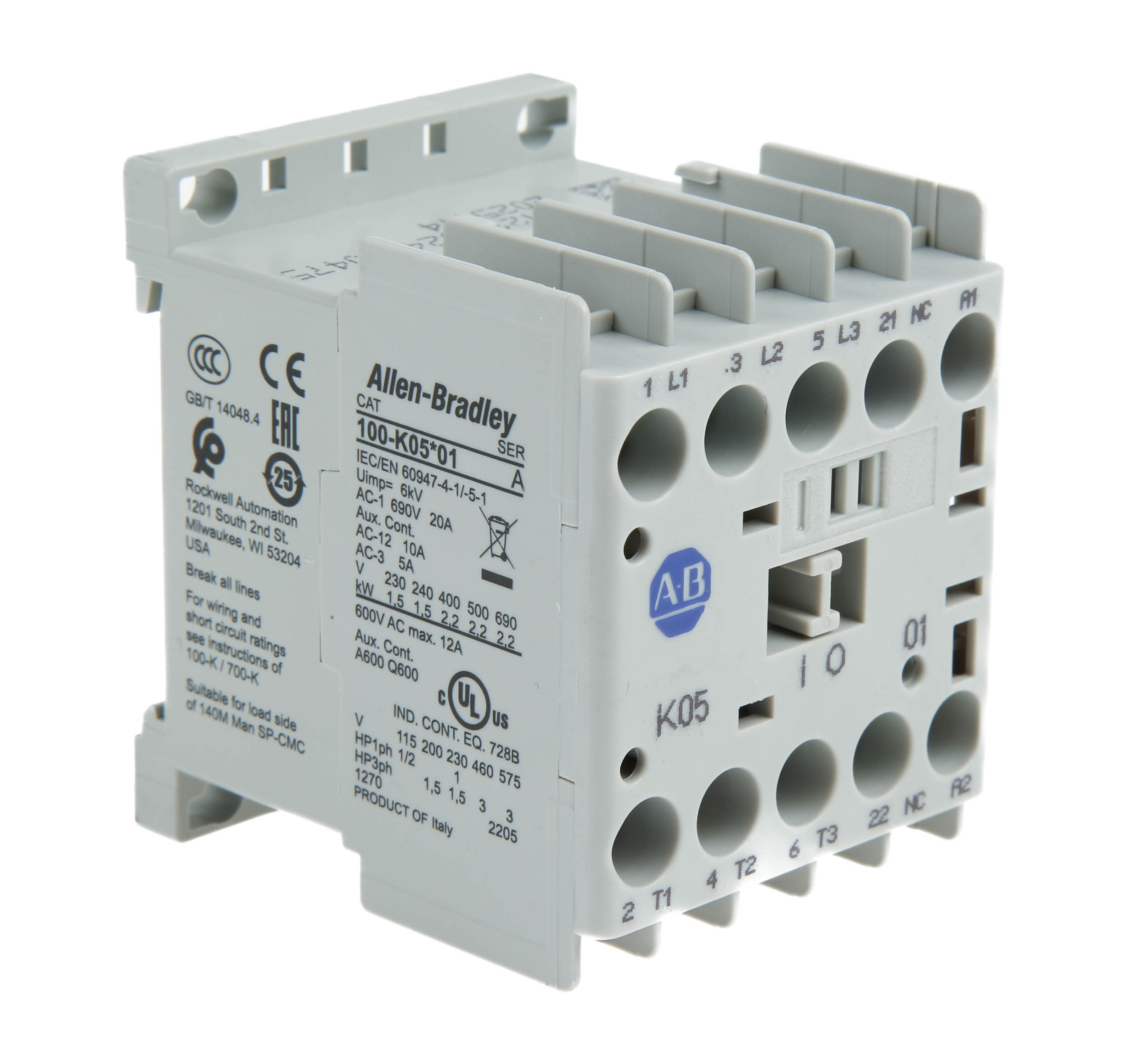 Allen Bradley 100 Series 100K Contactor, 24 V dc Coil, 3-Pole, 5 A, 2.2 kW, 1NC, 690 V ac