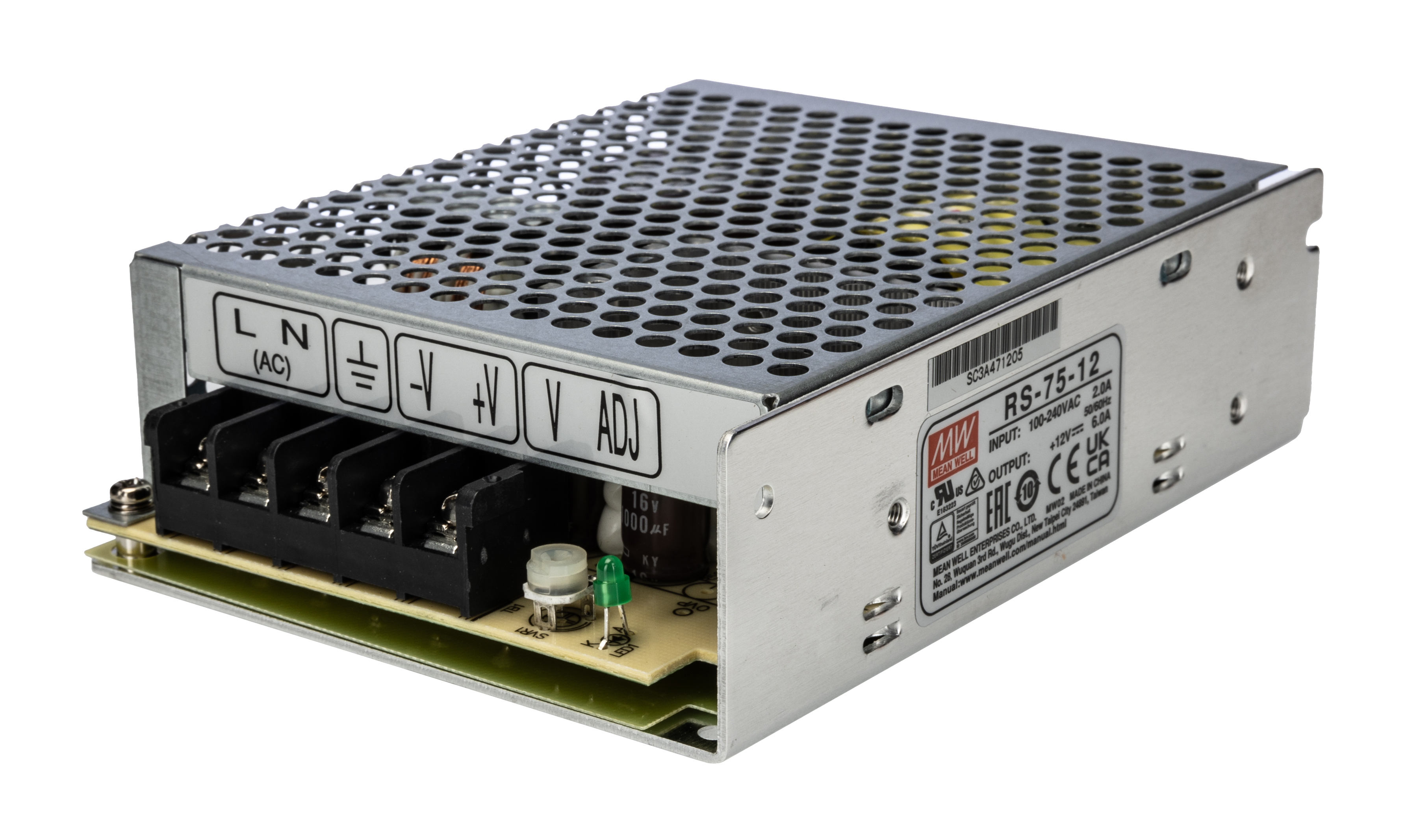 MEAN WELL Switching Power Supply, RS-75-12, 12V dc, 6A, 72W, 1 Output, 125 → 373 V dc, 88 → 264 V ac