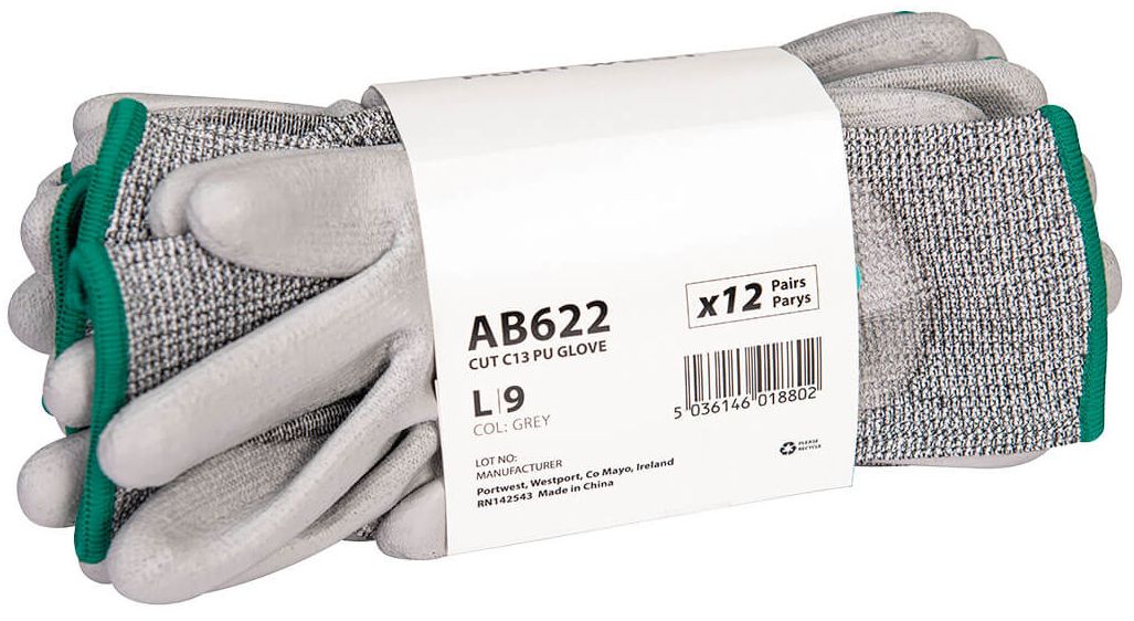 Portwest AB622 - Cut C13 PU Essential Multipack Grey Elastane, Fibreglass, High Performance Polyethylene, Polyester Work