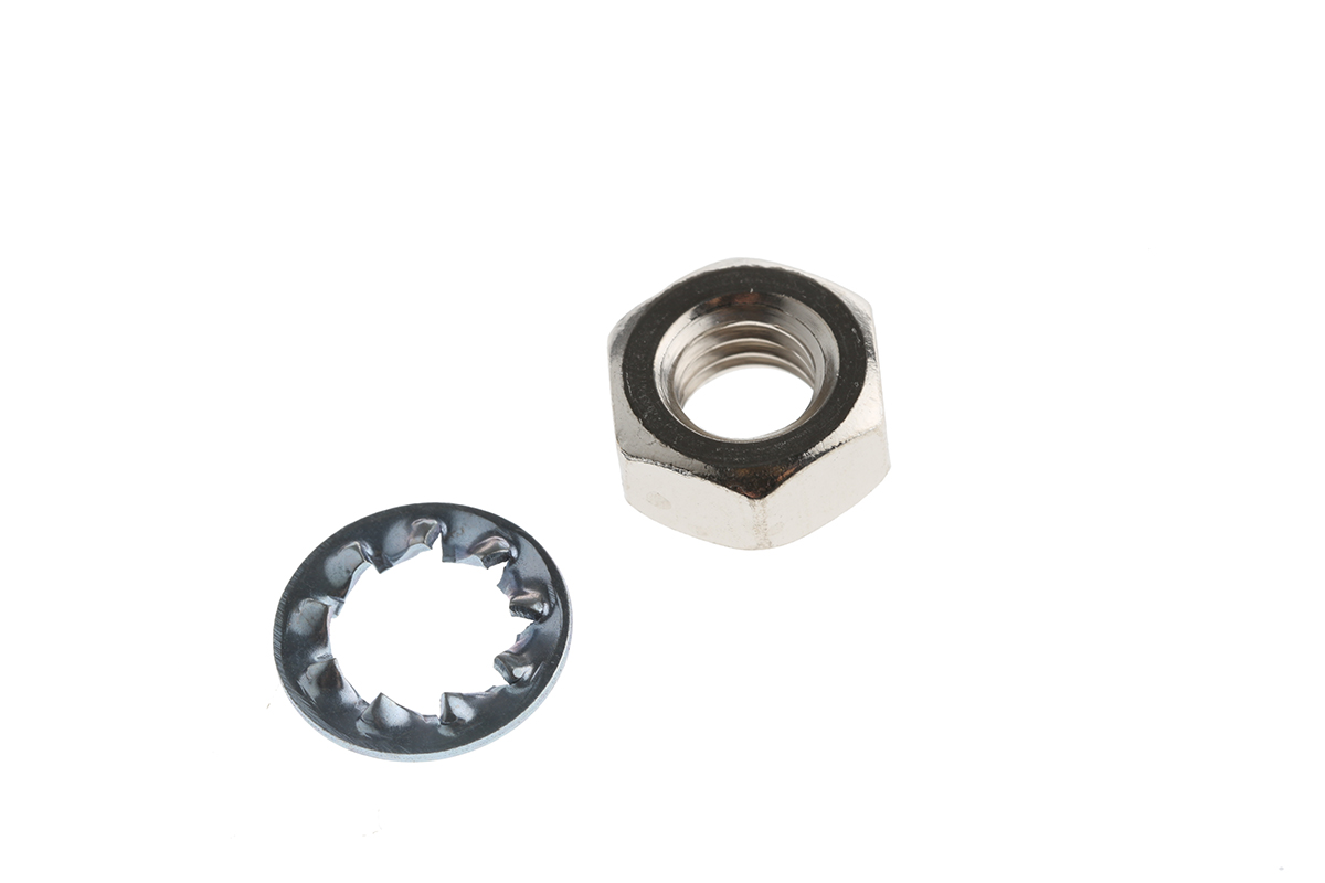 RS PRO Brass, Steel Hex Full Nut and Washers with Internal Tooth, Plain, 400 Pieces
