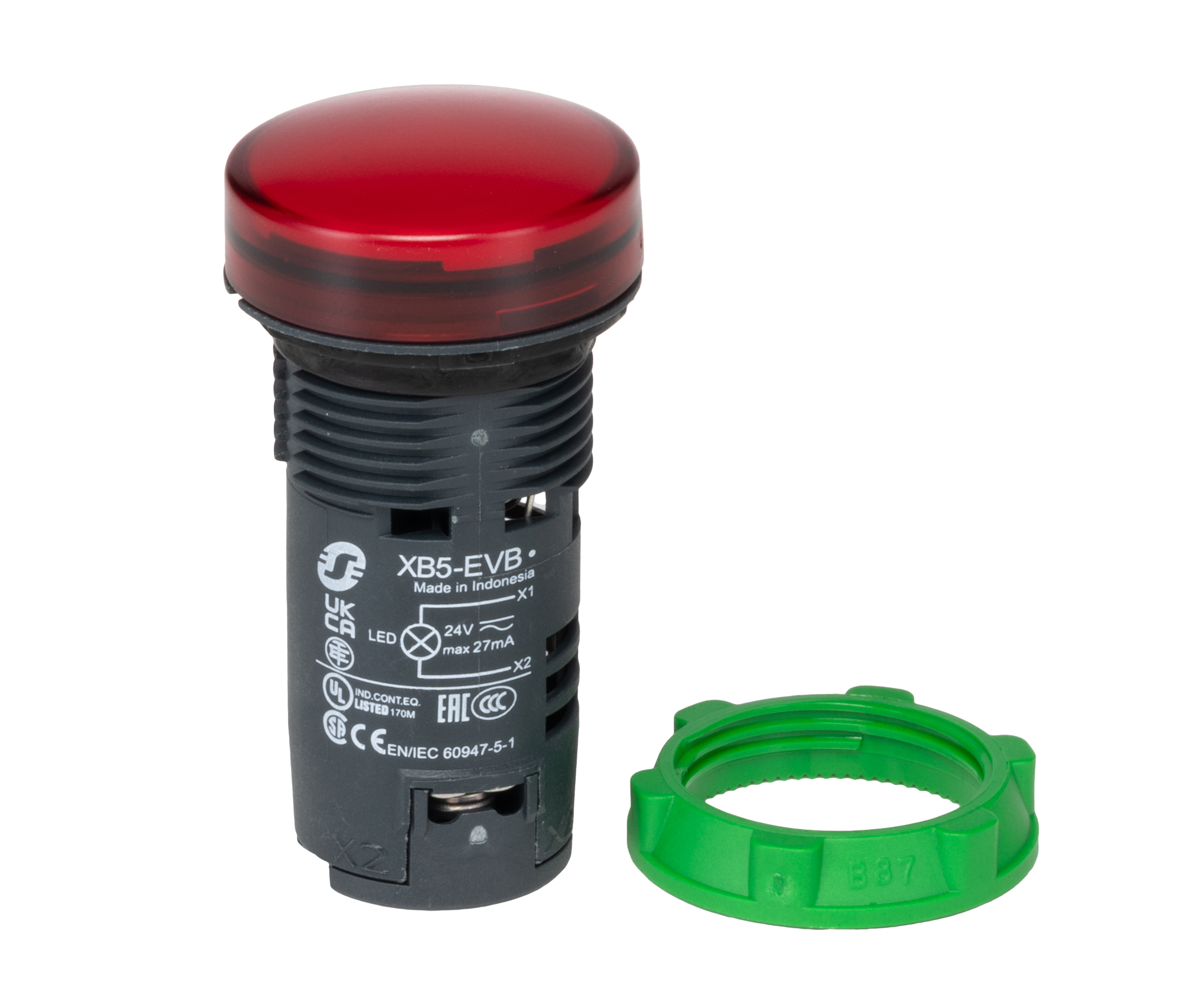 Schneider Electric, Harmony XB5, Panel Mount Red Universal LED Pilot Light Complete, 22mm Cutout, IP66, Round, 24V ac/dc