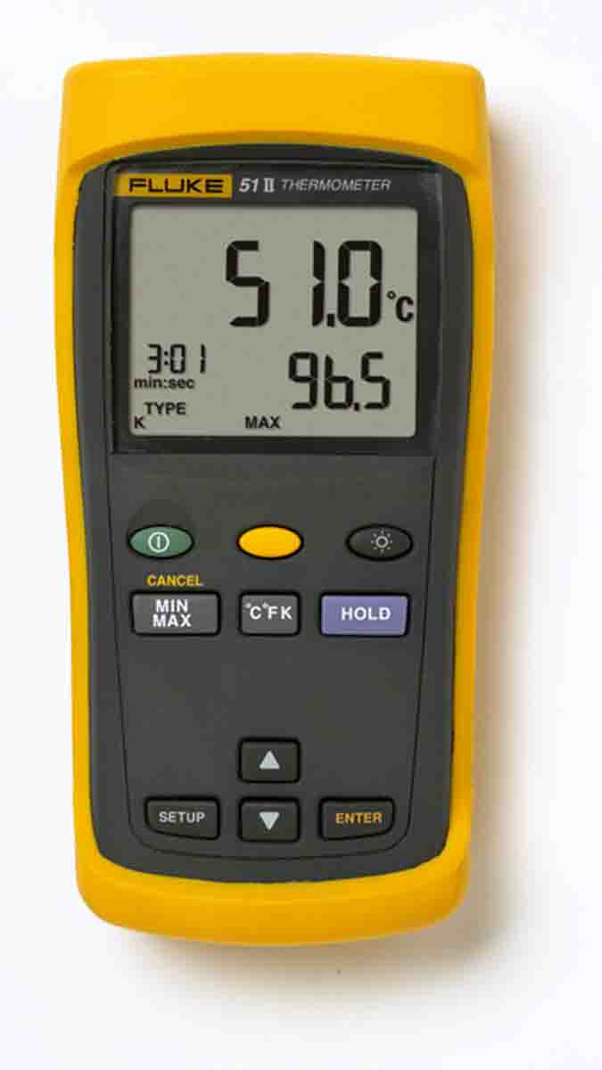 Fluke 51 II Wired Digital Thermometer for Industrial Use, E, J, K, T Probe, 1 Input(s), +1372°C Max, ±0.3 K Accuracy