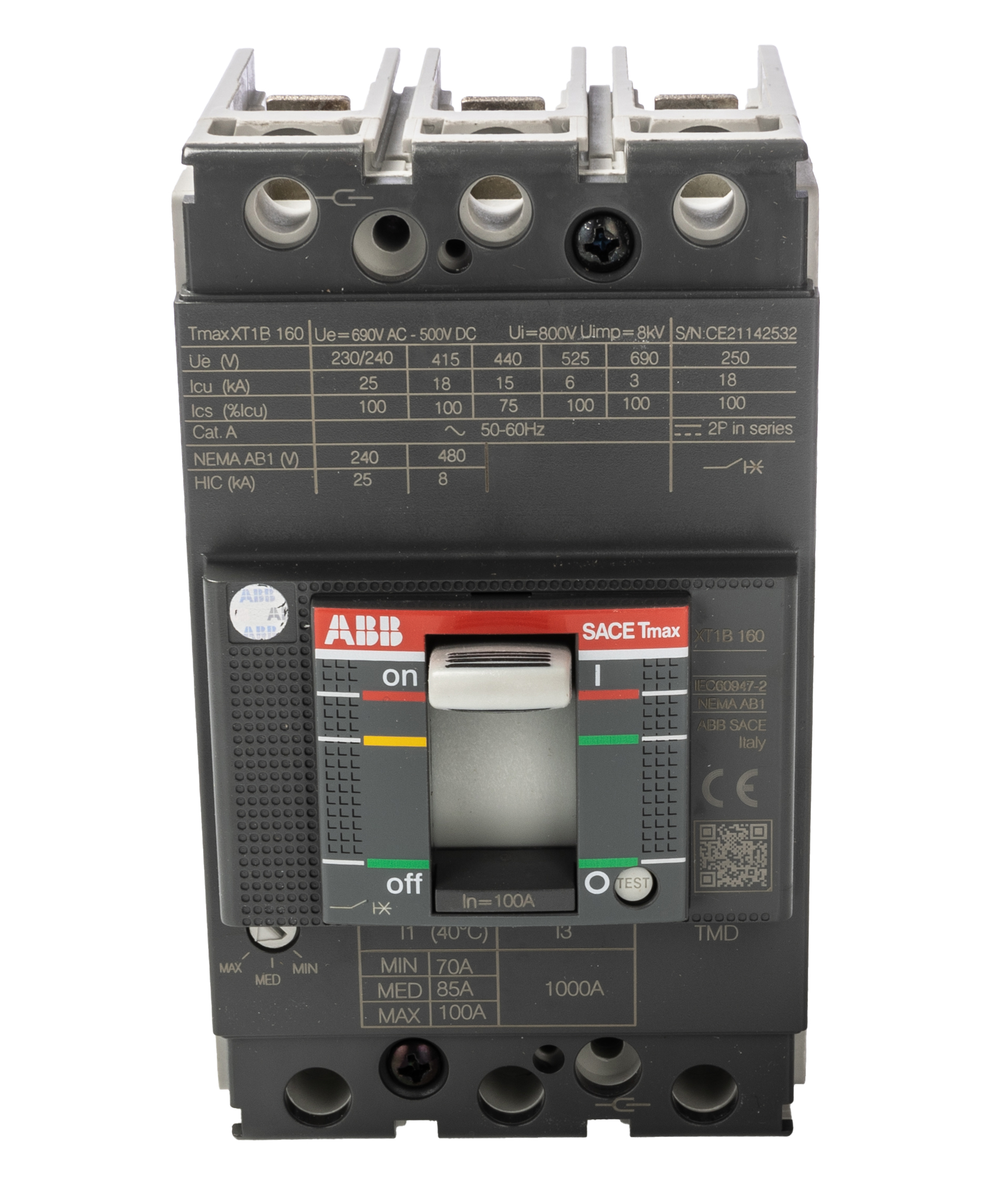 ABB, SACE Tmax XT MCCB Molded Case Circuit Breaker 3P 100A, Breaking Capacity 3 kA, Fixed Mount