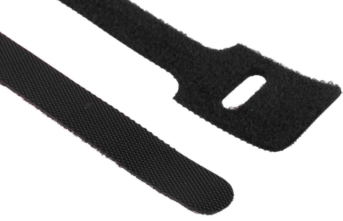 RS PRO Cable Tie, Hook and Loop, 225mm x 25 mm, Black Nylon, Pk-10