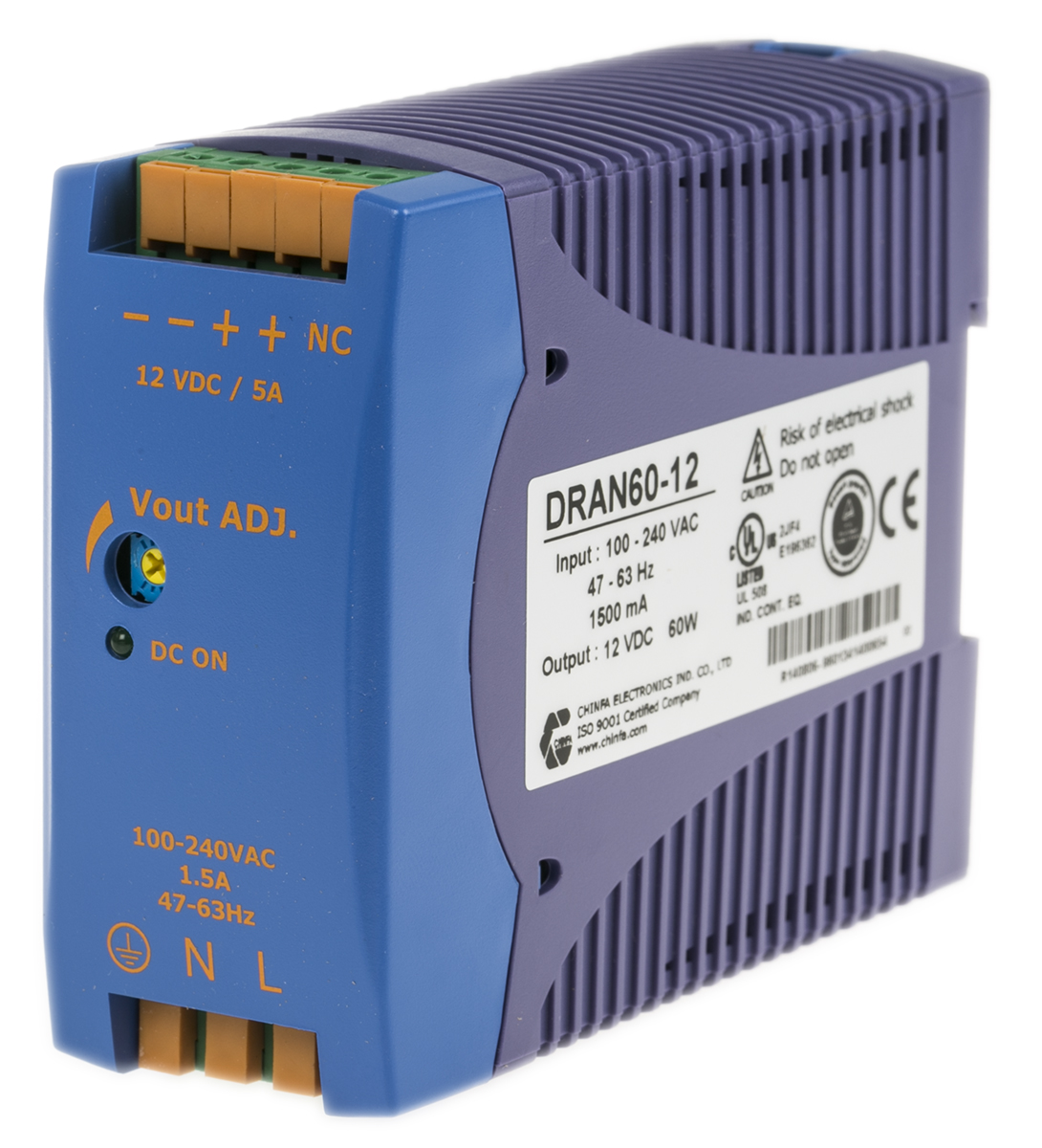 Chinfa DRAN60 Switched Mode DIN Rail Power Supply, 85 → 264V ac ac Input, 12V dc dc Output, 5A Output, 60W