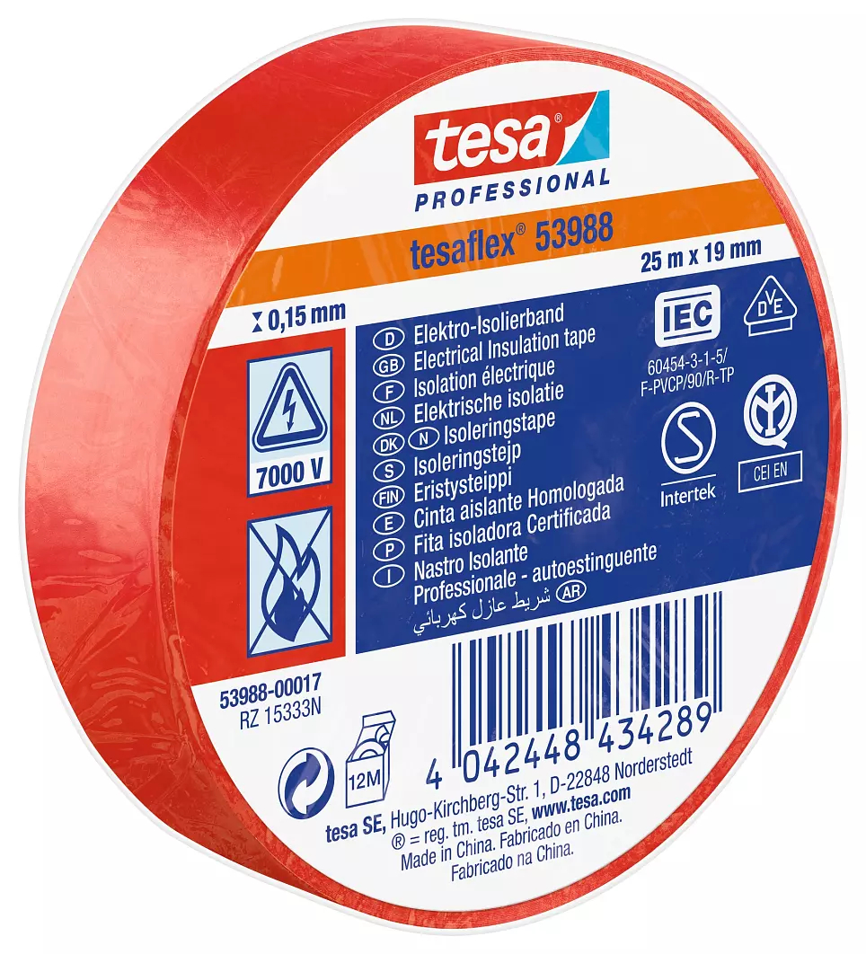 Tesa 53988 Red Soft PVC Electrical Insulation Tape, 19mm x 25m