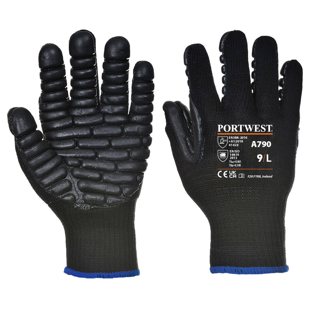 Portwest A790 - Anti Vibration Glove Black Elastic, Polyester, Rubber Chloroprene Work Gloves, Size M