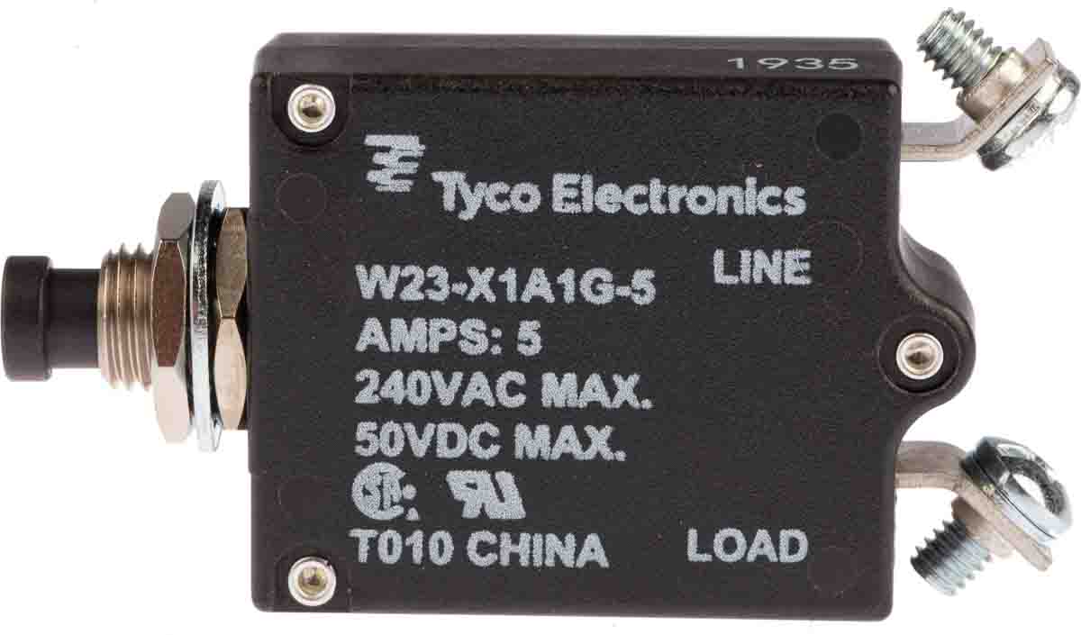 TE Connectivity Thermal Circuit Breaker - W23  Single Pole 50 V dc, 250V ac Voltage Rating, 5A Current Rating