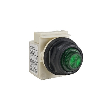 Schneider Electric, 9001SK, Panel Mount Green LED Pilot Light, 30mm Cutout, IP66, Round, 120V ac/dc