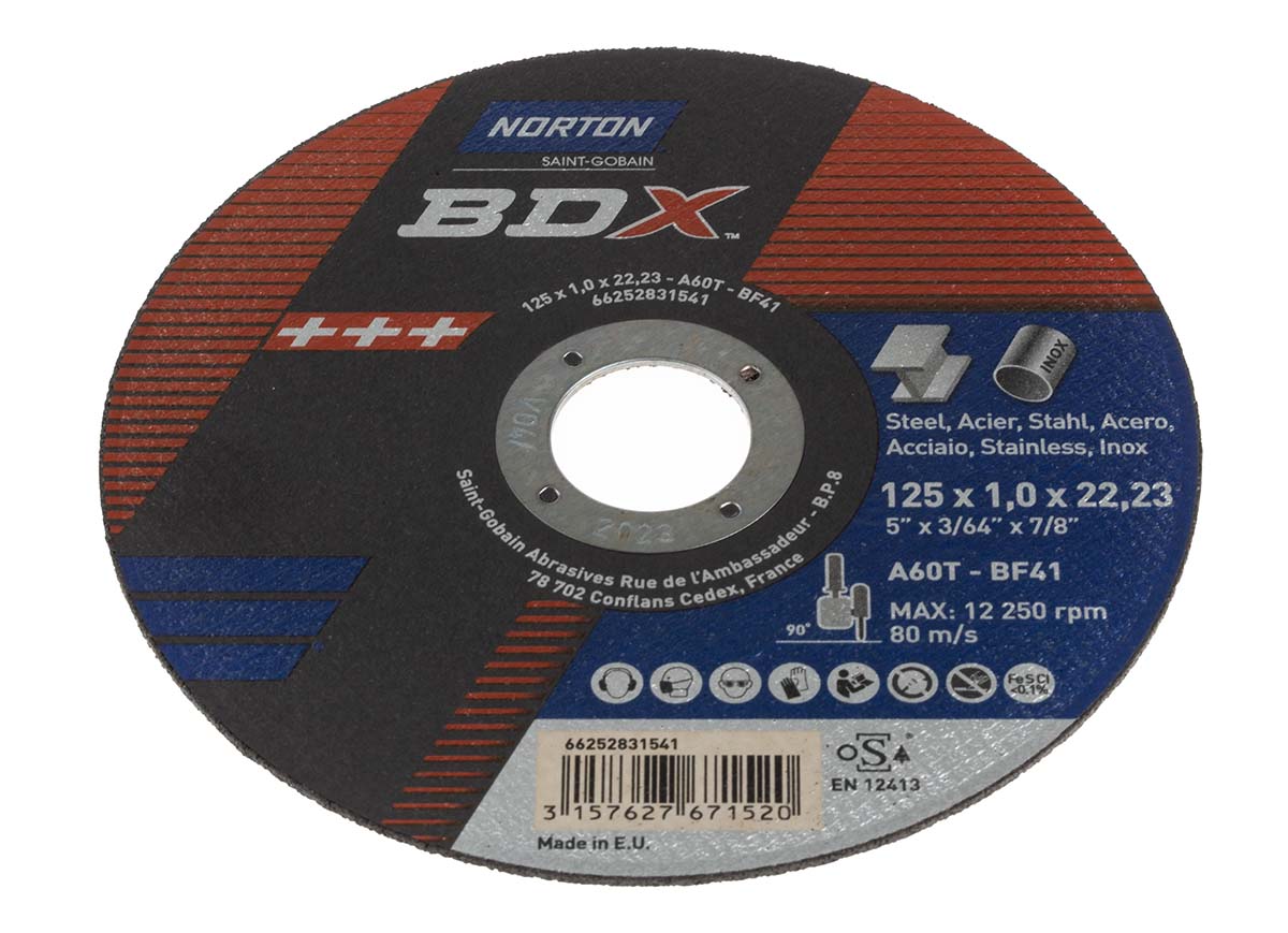 Norton Cutting Disc Aluminium Oxide Cutting Disc, 125mm x 1mm Thick, Medium Grade, P60 Grit, 5 in pack