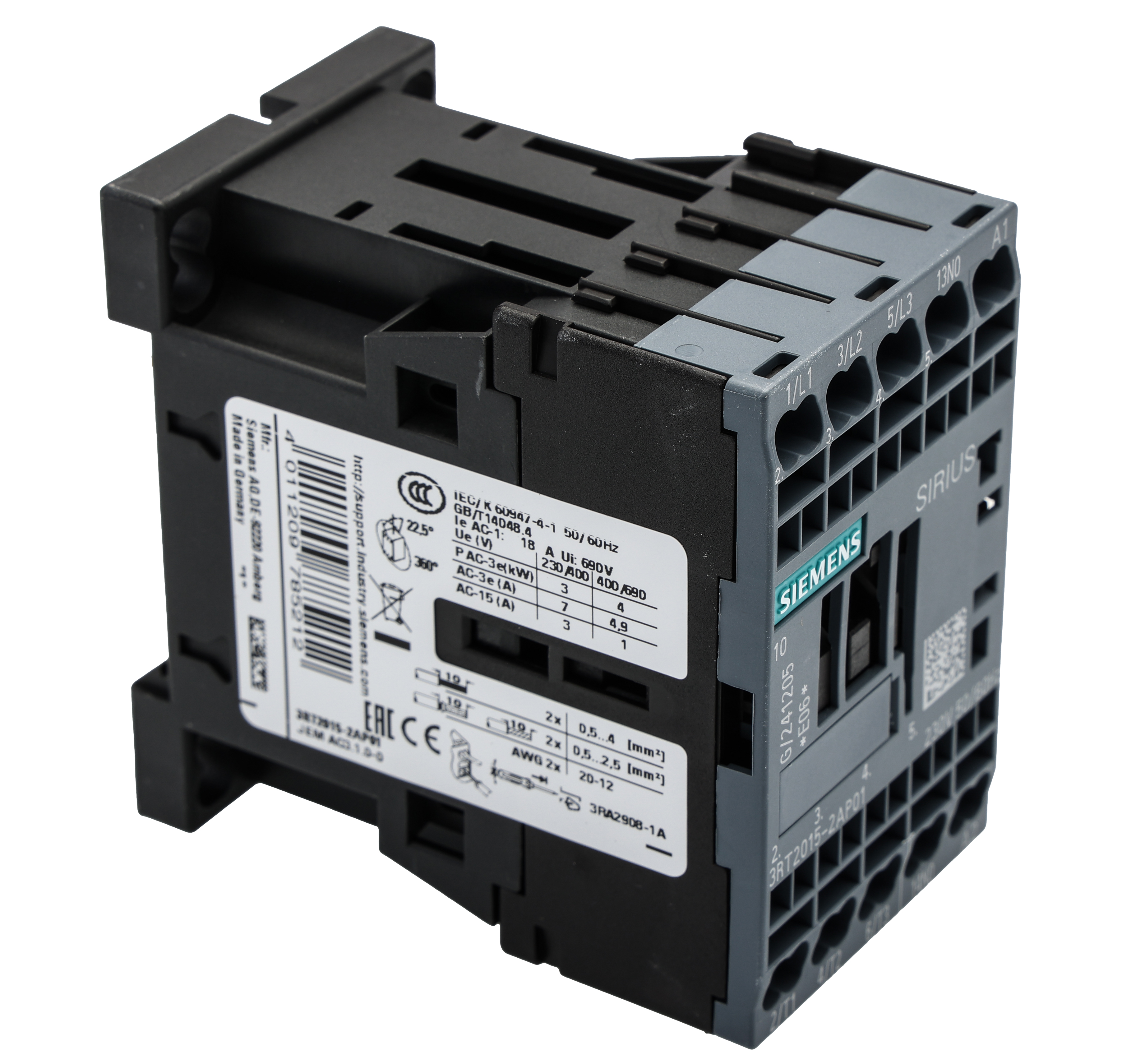 Siemens SIRIUS 3RT Size S00, 3RT2 Contactor, 230 V ac Coil, 3-Pole, 7 A, 3 kW, 3NO, 400 V ac