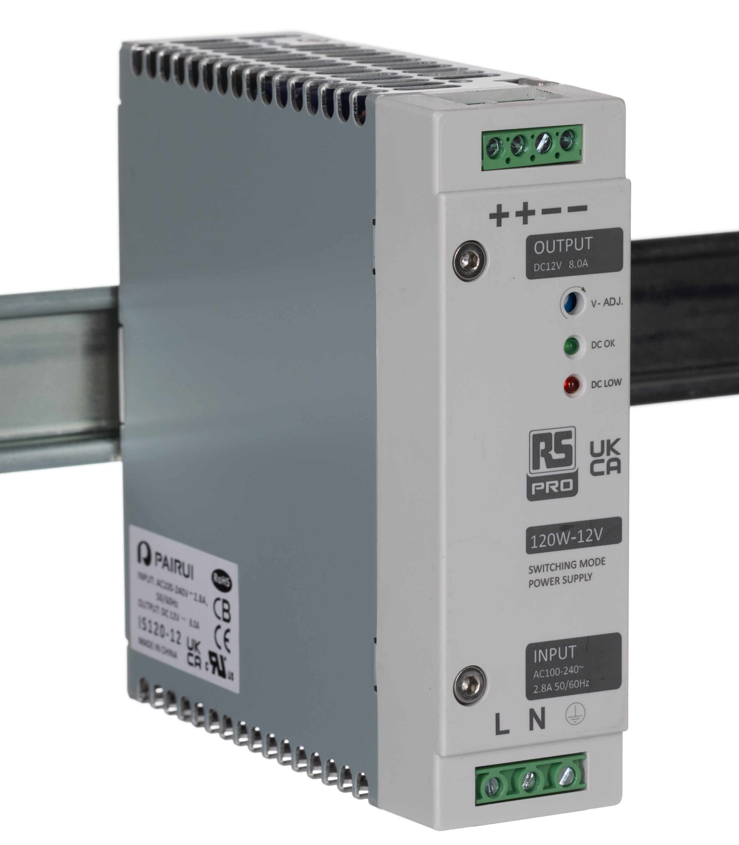 RS PRO Switched Mode DIN Rail Power Supply, 230V ac, 12V dc dc Output, 8A Output, 120W
