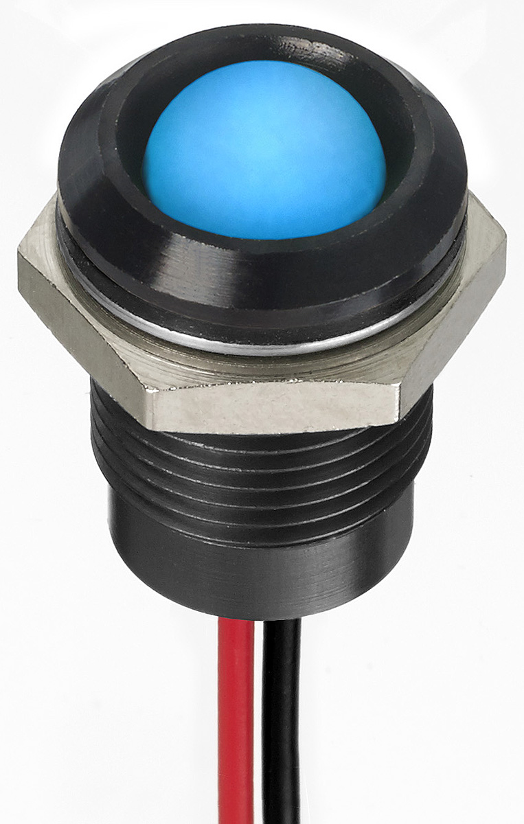 RS PRO Blue Panel Mount Indicator, 12V dc, 14mm Mounting Hole Size, Lead Wires Termination, IP67