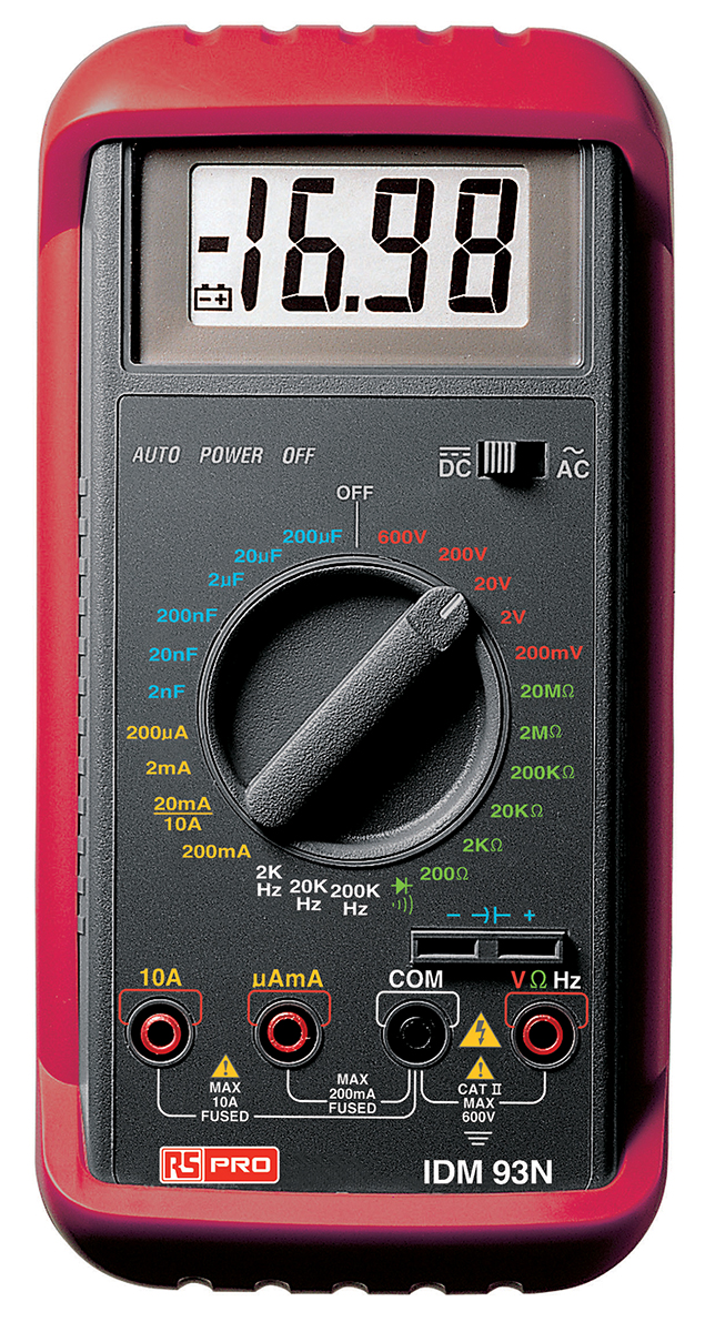RS PRO IDM93M Handheld Digital Multimeter, 10A ac Max, 10A dc Max, 600V ac Max - UKAS Calibrated