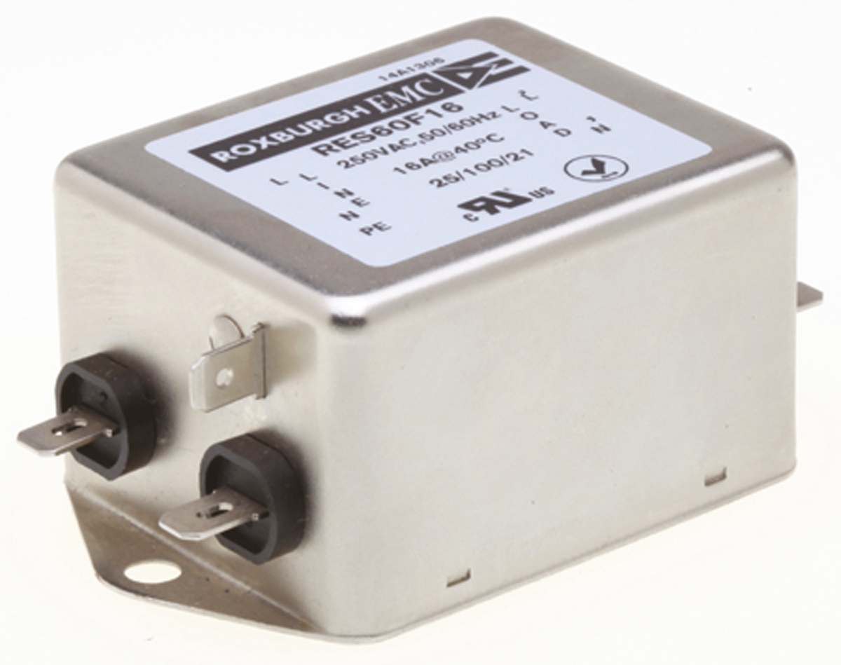 Roxburgh EMC, RES60 16A 250 V ac DC → 400Hz, Chassis Mount RFI Filter, Fast-On, Single Phase