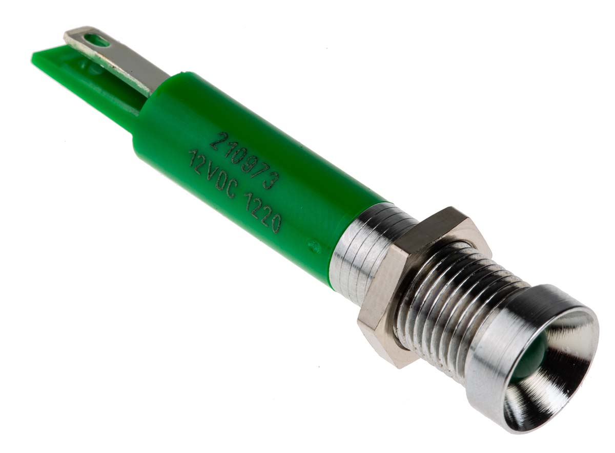 RS PRO Green Panel Mount Indicator, 12V dc, 8mm Mounting Hole Size, Solder Tab Termination
