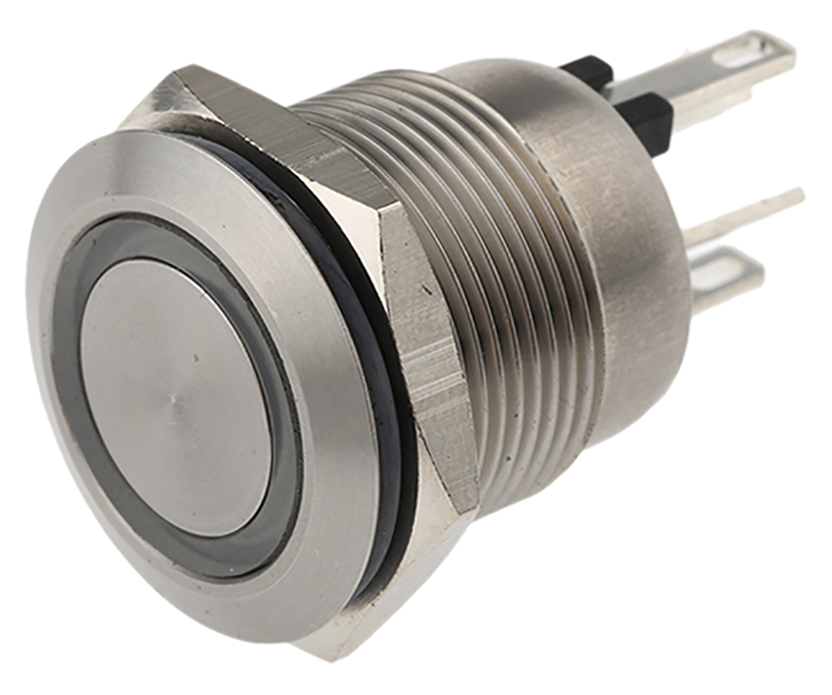 Bulgin MPI002 Series Illuminated Push Button Switch, Momentary, Panel Mount, 19.2mm Cutout, SPST, Red/Blue LED, 24V dc,