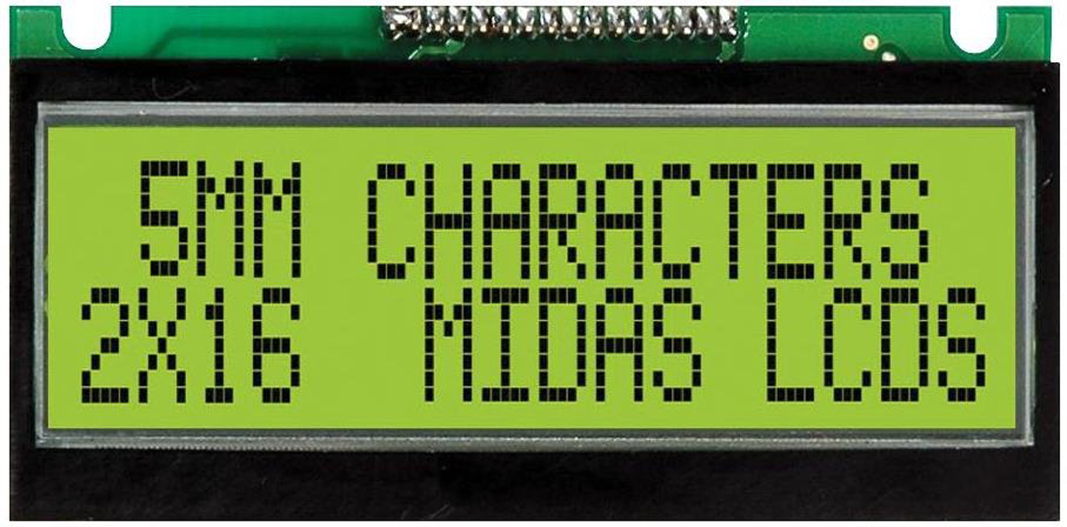 Midas MC21605F6WE-SPTLY F Alphanumeric LCD Display Yellow-Green, 2 Rows by 16 Characters, Transflective