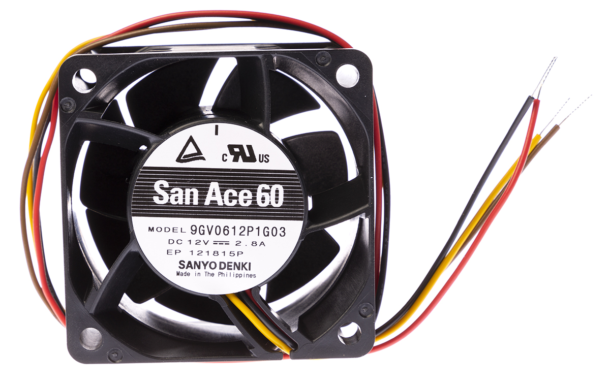 Sanyo Denki San Ace 9GV Series Axial Fan, 12 V dc, DC Operation, 142.2m³/h, 33.6W, 2.8A Max, 60 x 60 x 38mm