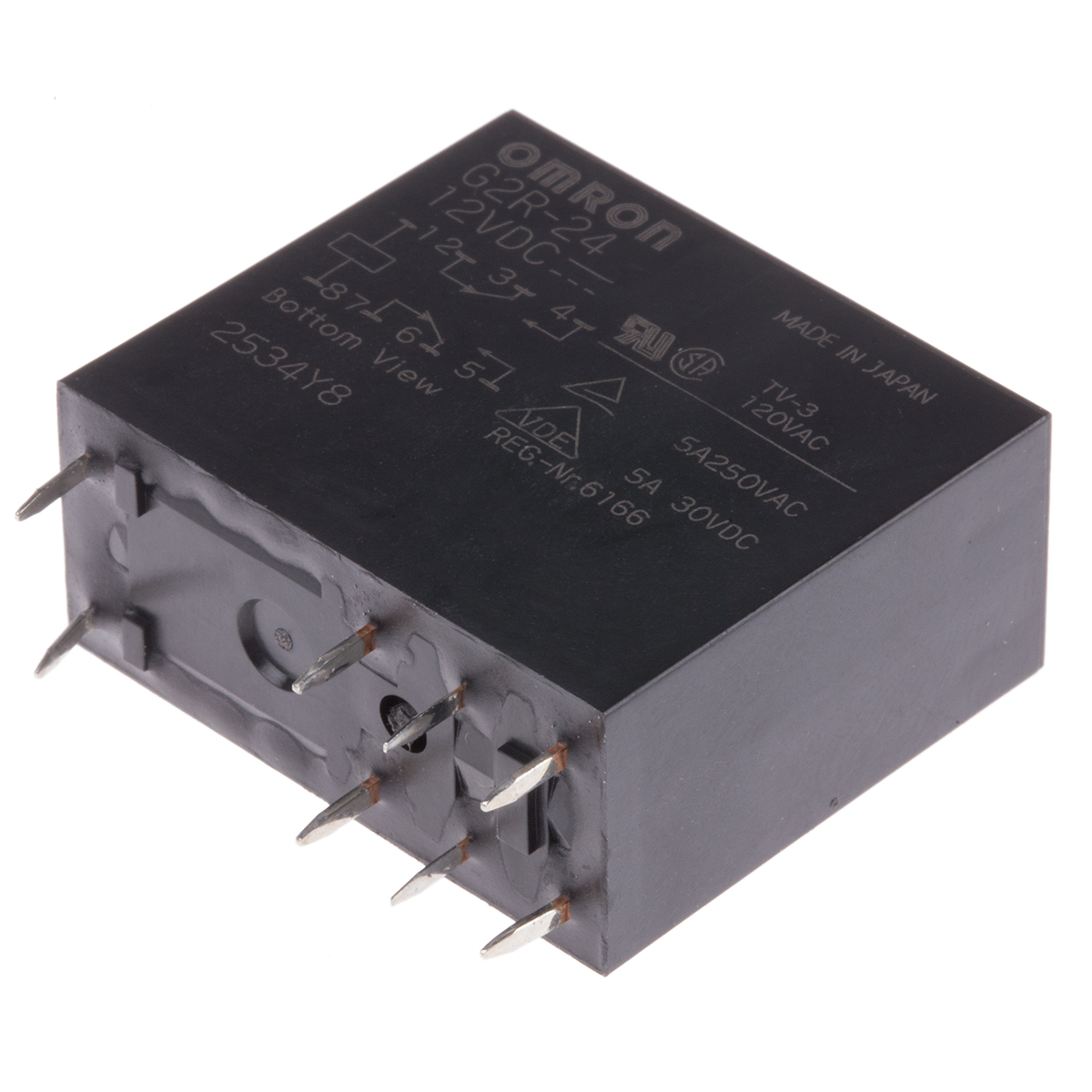 Omron PCB Mount Power Relay, 12V dc Coil, 5A Switching Current, DPDT