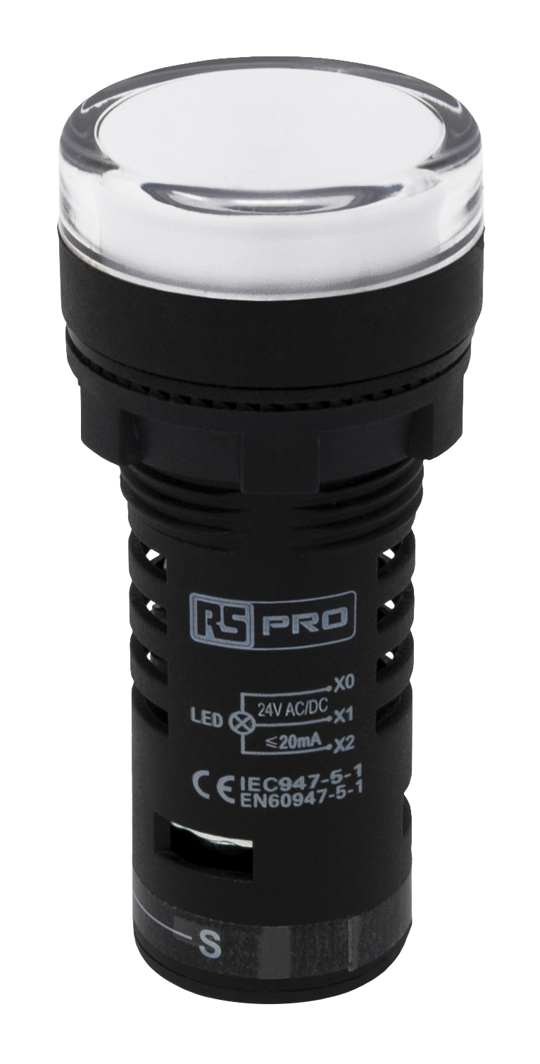 RS PRO, Panel Mount White LED Pilot Light, 22mm Cutout, IP65, Round, 24V ac/dc