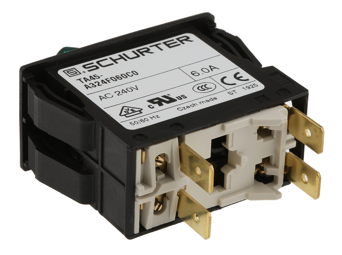 Schurter Thermal Circuit Breaker - TA45 2 Pole 60 V dc, 240V ac Voltage Rating Panel Mount, 6A Current Rating