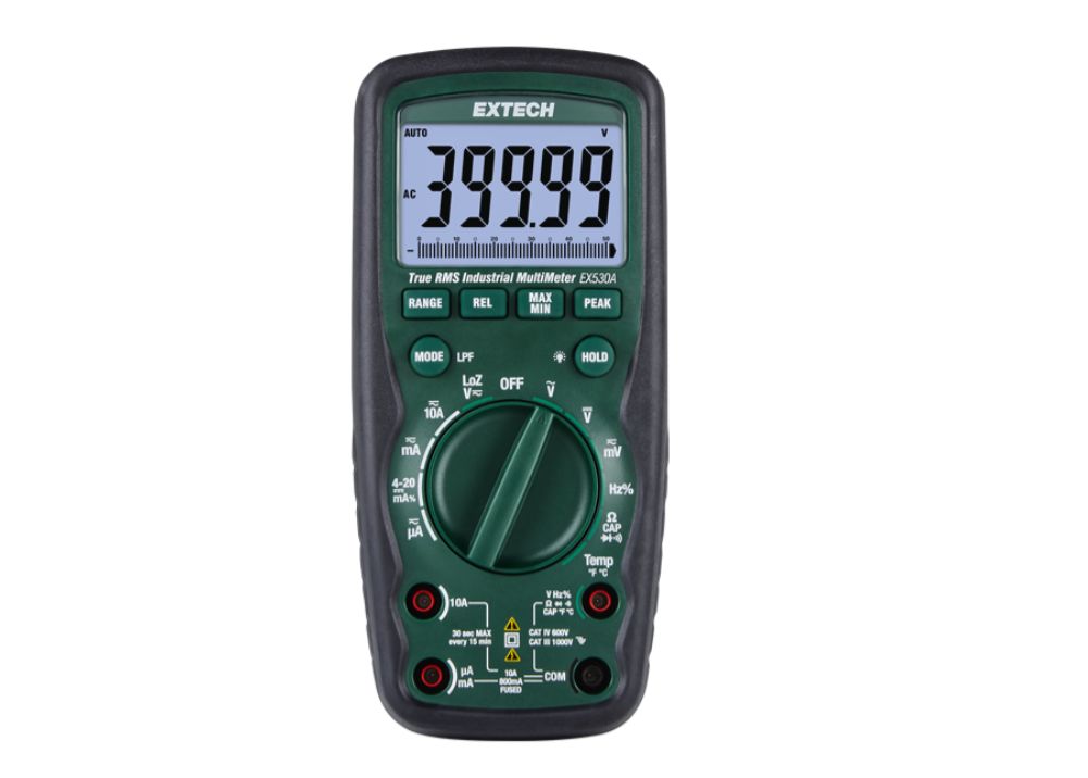 Extech EX520A Handheld LCD Multimeter, True RMS, 10A ac Max, 10A dc Max, 1000V ac Max