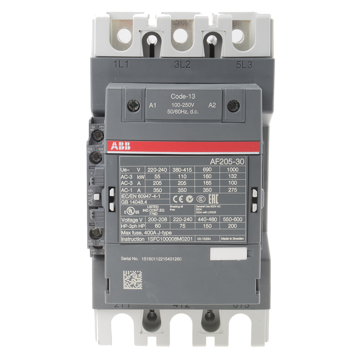 ABB AF205 AF Contactor, 230 V ac Coil, 3-Pole, 350 A, 110 kW, 3NO, 690 V ac
