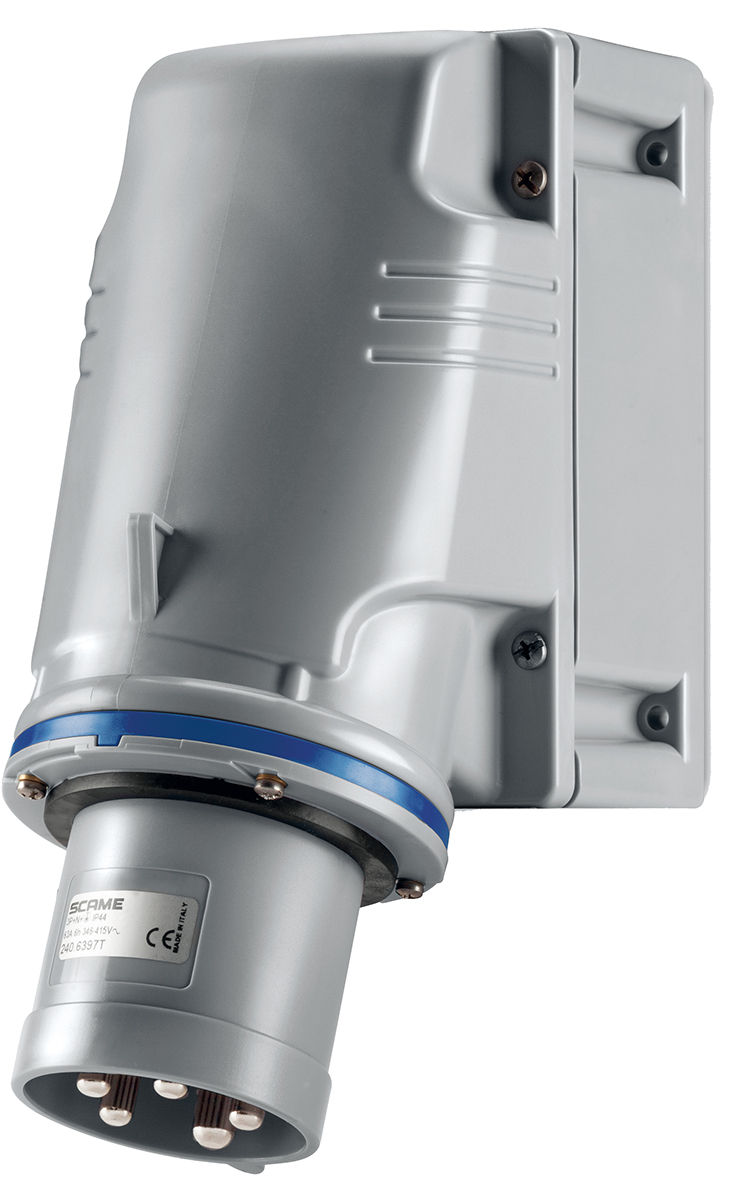 Scame IP44 Blue Wall Mount 2P + E Industrial Power Plug, Rated At 63A, 230 V