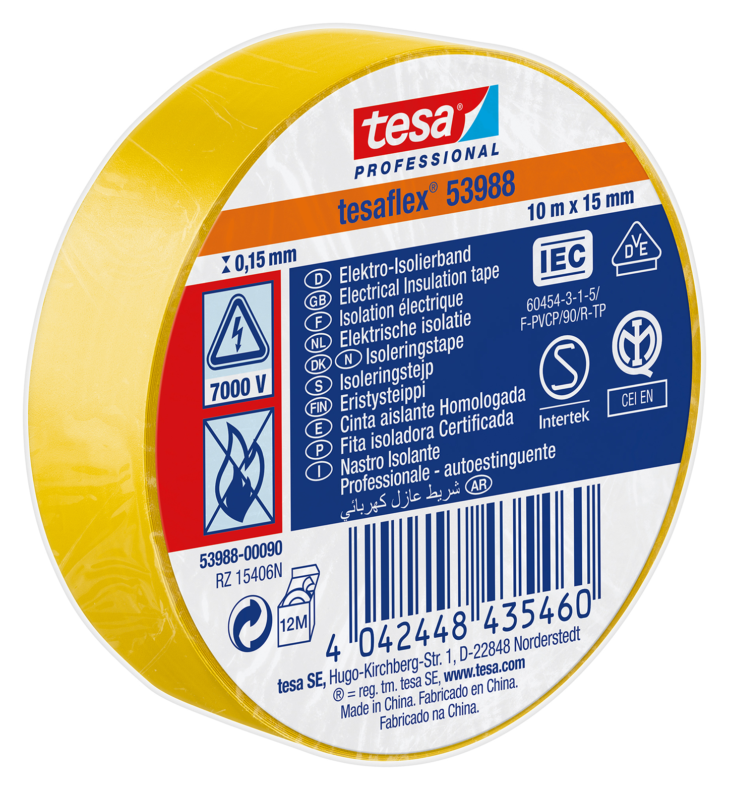 Tesa 53988 Yellow Soft PVC Electrical Insulation Tape, 15mm x 10m