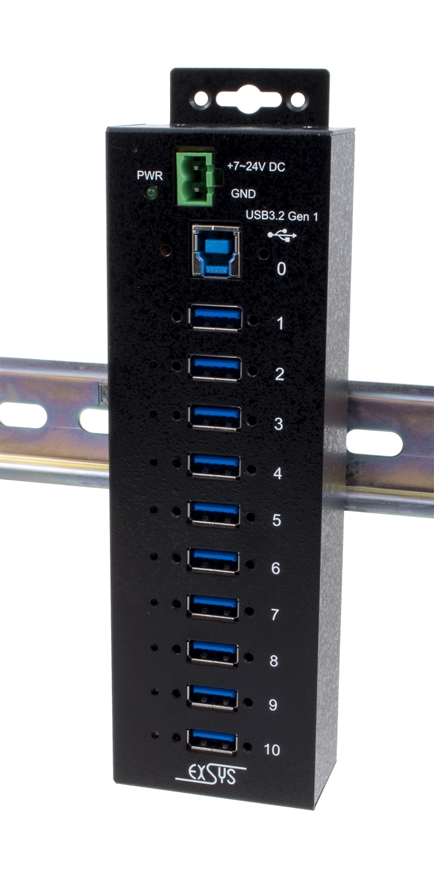 Exsys 10 Port USB 3.2  Hub, Terminal Connector Powered, 198 x 55 x 30mm