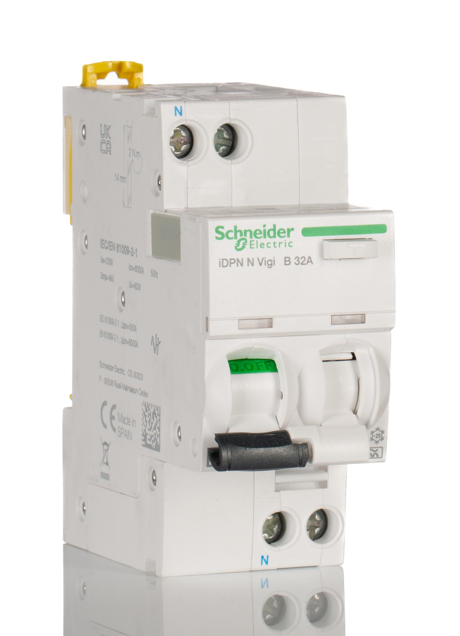 Schneider Electric RCBO, 32A Current Rating, 1P+N Poles, 30mA Trip Sensitivity, Type B, Acti 9 Range