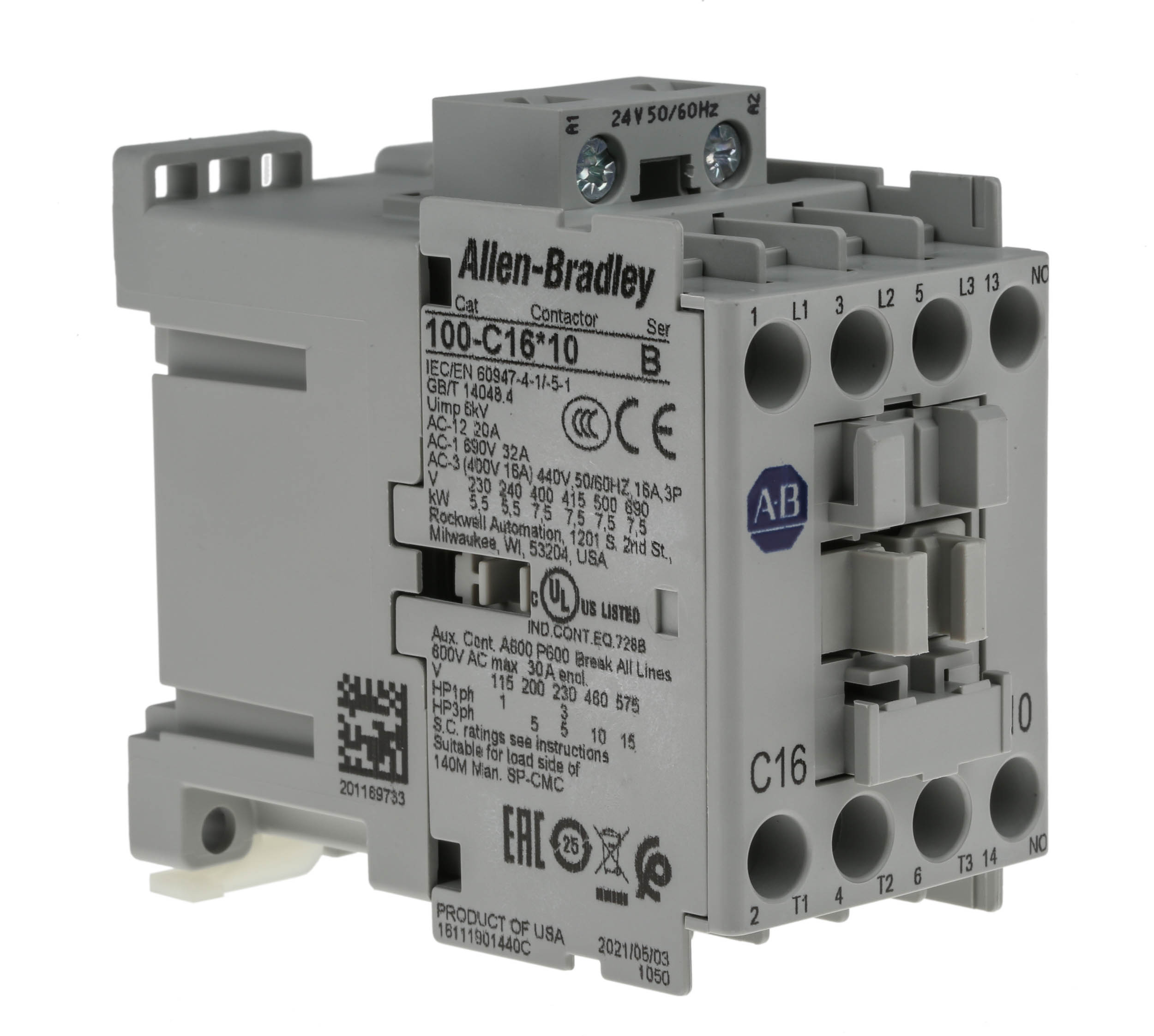 Allen Bradley 100 Series 100C Contactor, 24 V ac Coil, 3-Pole, 16 A, 7.5 kW, 3NO, 690 V ac