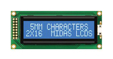 Midas MC21605B6WD-BNMLW-V2 B Alphanumeric LCD Display, Blue on White, 2 Rows by 16 Characters, Transmissive