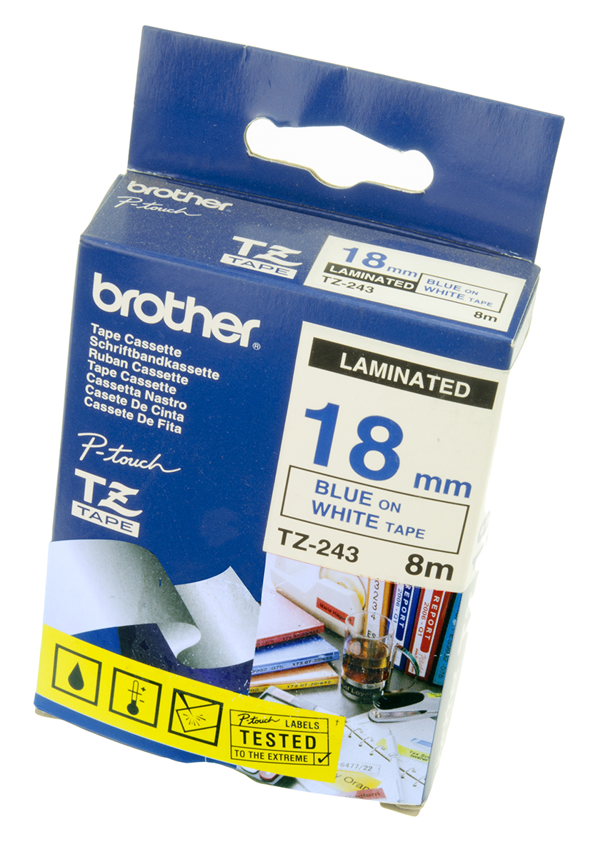 Brother Blue on White Label Printer Tape, 8 m Length, 18 mm Width