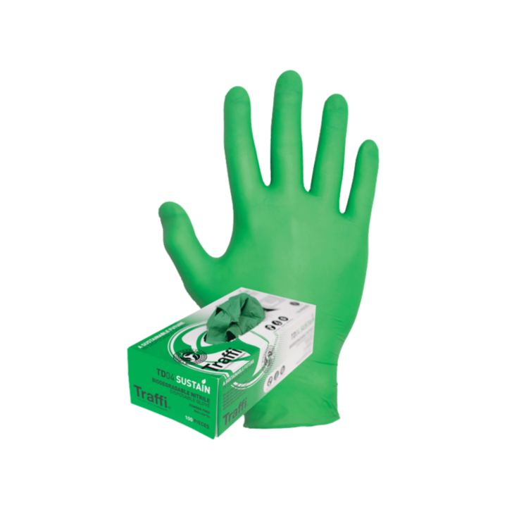 Traffi TD04 Green Powder-Free Nitrile Disposable Gloves, Size M, 100 per Pack