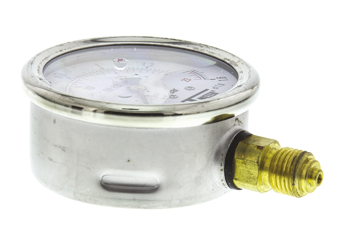 Sferaco G 1/4 Analogue Pressure Gauge 1.6bar Bottom Entry 63mm Outside Diameter, With RS Calibration