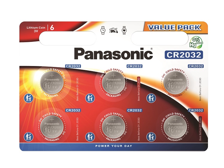Panasonic CR2032 Button Battery, 3V, 20mm Diameter